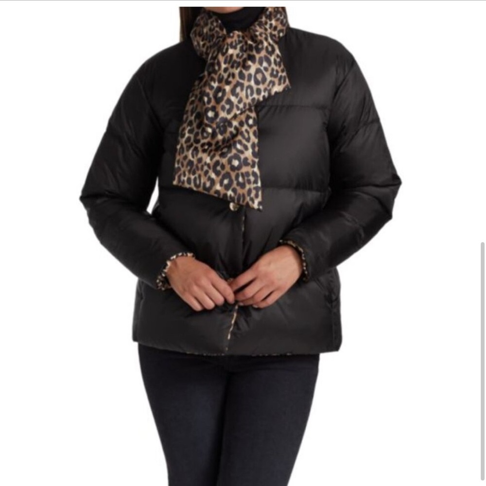 Kate Spade Black Puffer Jacket with Leopard Scarf
